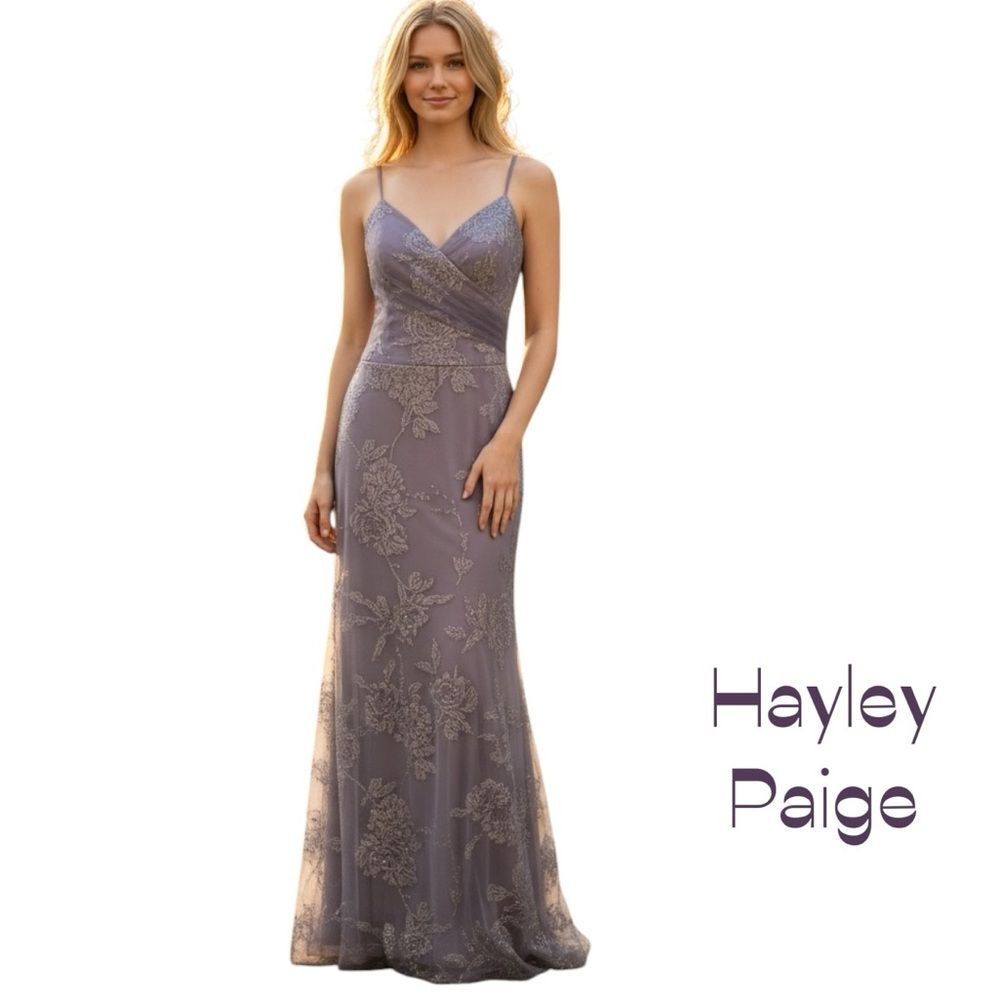 Hayley Paige Sheer Purple Sleeveless Evening Romantic Maxi Dress NWOT Size 12